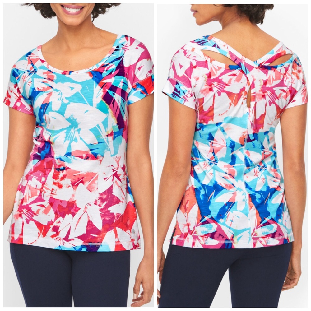 T by Talbots Criss Cross Back Tee Brushed Floral Shirt Sleeve T-shirt Size Large